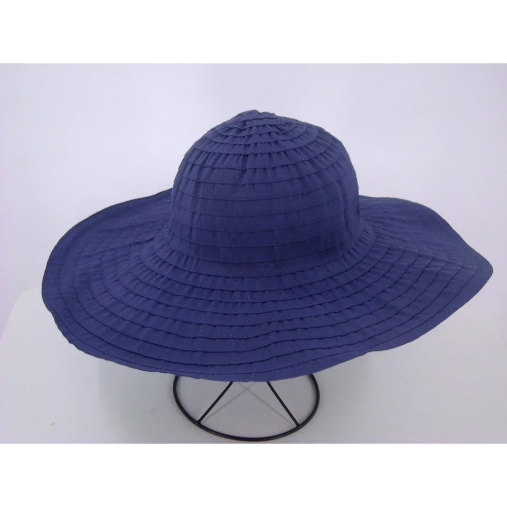 NYC Underground Navy Blue Wide Brim Sun Hat Pleated Tiered Summer Beach Hat OS